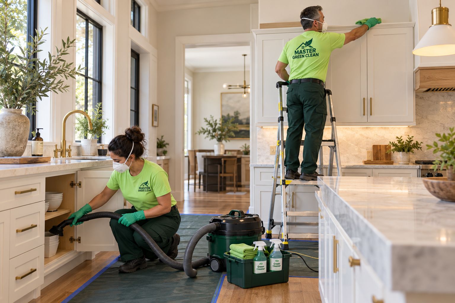 Master Green Clean crew detail-cleaning a kitchen, vacuuming under the sink cabinet and wiping the top of the cabinets from a ladder