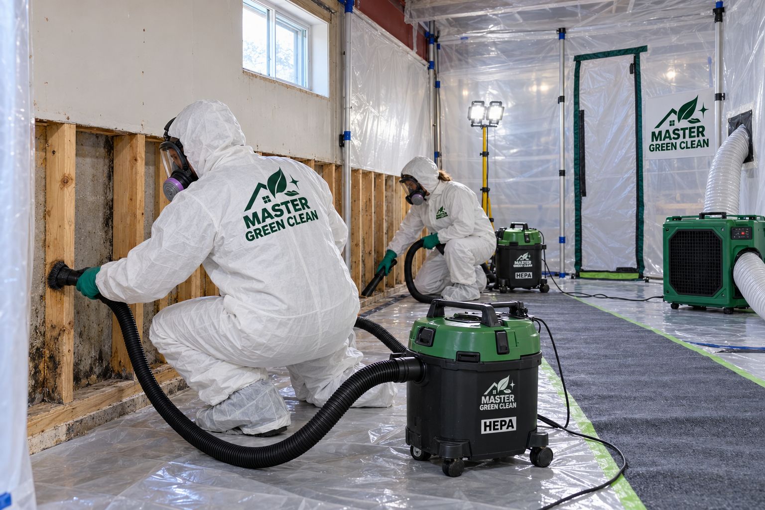 Technicians in white protective suits and respirators HEPA-vacuuming mold from exposed wall studs inside plastic containment with an air scrubber